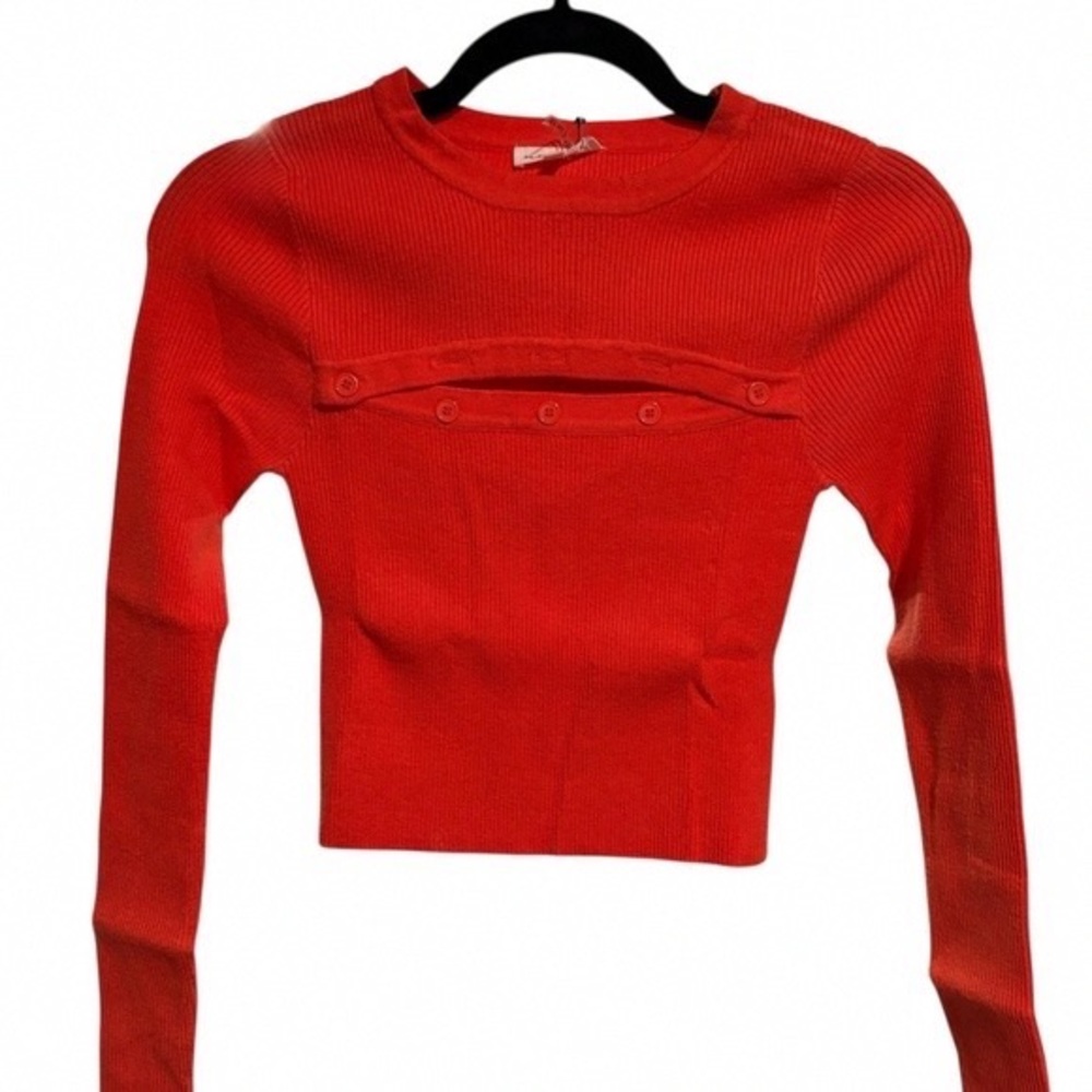 Red Ribbed Long-Sleeve Crop Top with Button Detail